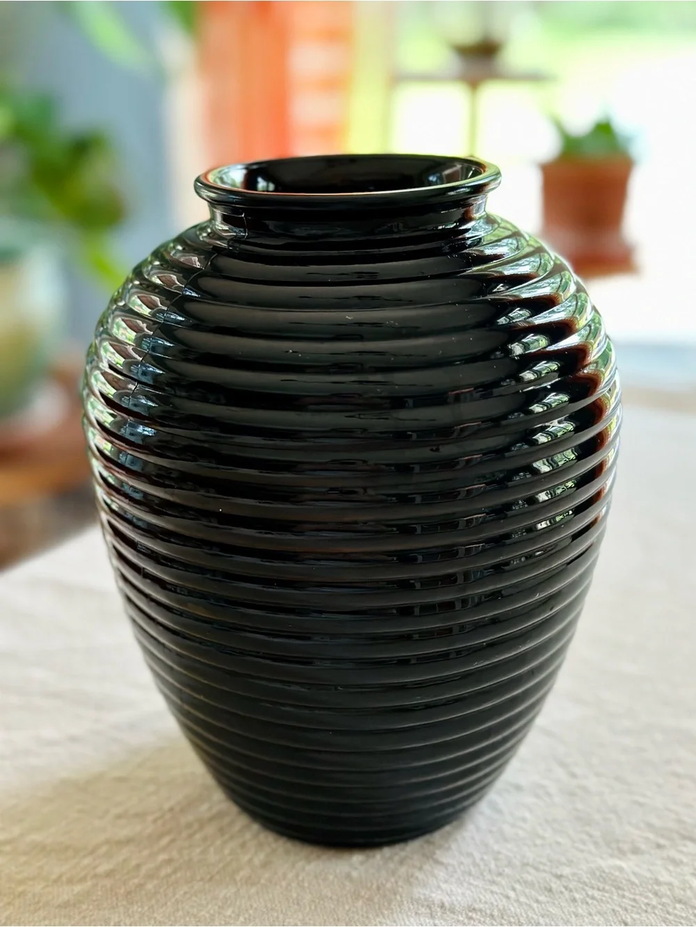 Vintage Art Deco Black Glass Beehive Vase